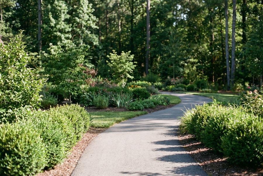 Landscaped garden walkway at dusk