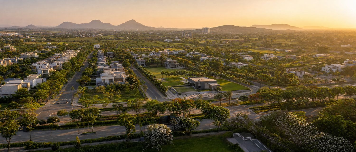 Aerial view of a landscaped township near Nashik at golden hour